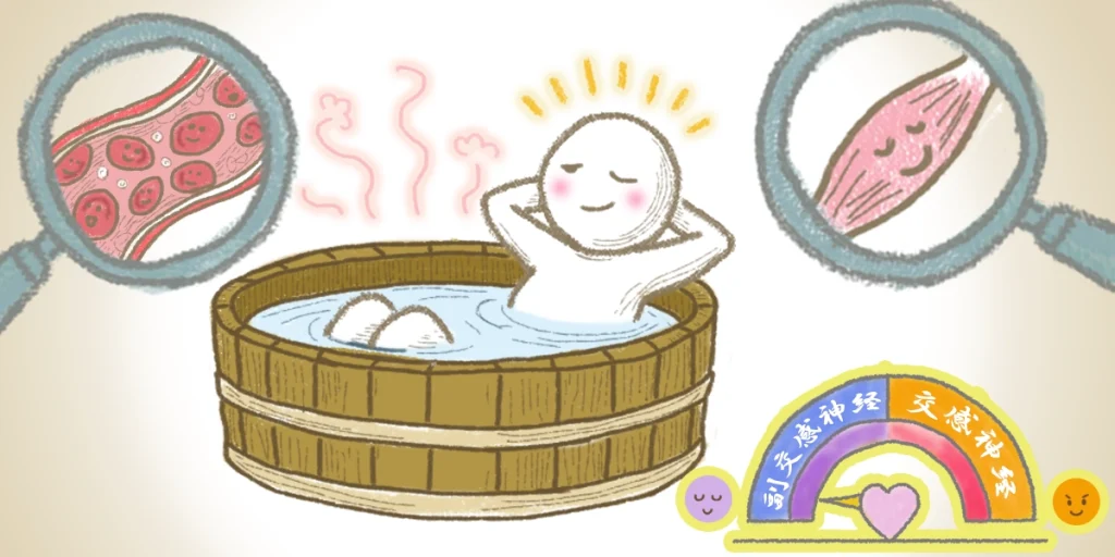 温泉療法の効果「血流改善」「筋肉のほぐれ」「副交感神経優位」をイラストで表現